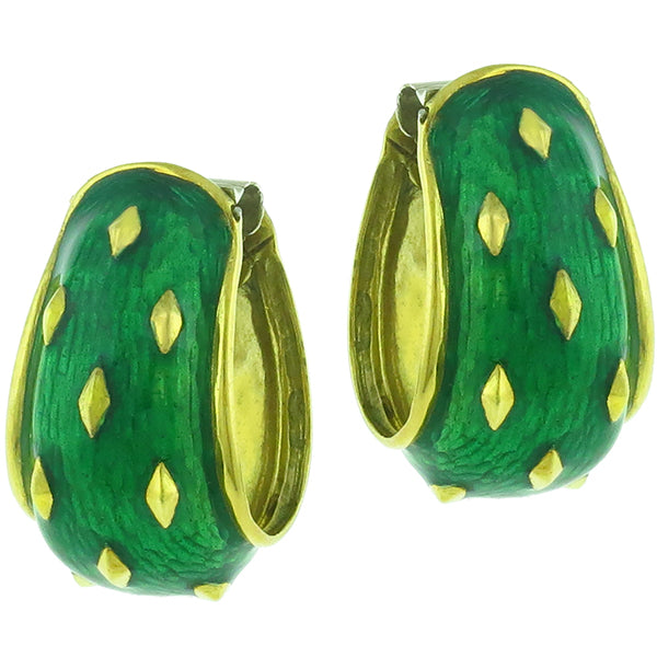 Estate 1960s 18k Yellow Gold  Green Enamel Cocoon Earrings