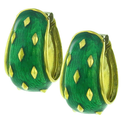Estate 1960s 18k Yellow Gold  Green Enamel Cocoon Earrings