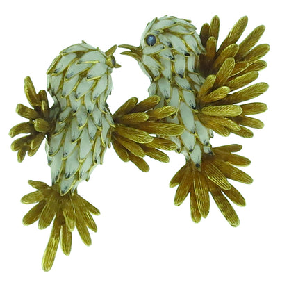 Estate 1960s 18k Yellow Gold White & Black Enamel Kissing Love Birds Pin