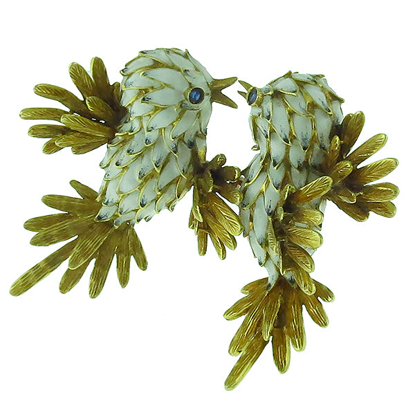 Estate 1960s 18k Yellow Gold White & Black Enamel Kissing Love Birds Pin