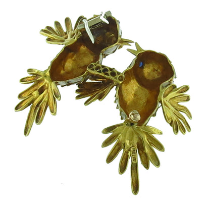 Estate 1960s 18k Yellow Gold White & Black Enamel Kissing Love Birds Pin