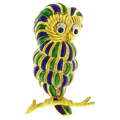 Estate 1960s Round Cut Sapphire & Diamond 18k Yellow Gold Enamel Owl Pin