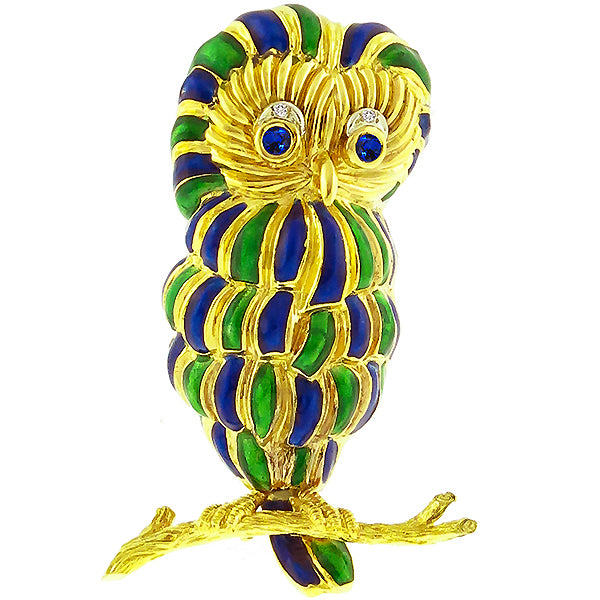 Estate 1960s Round Cut Sapphire & Diamond 18k Yellow Gold Enamel Owl Pin