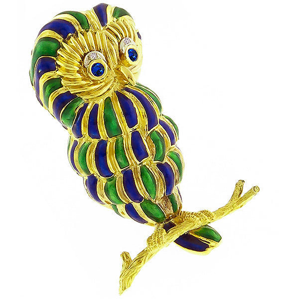 Estate 1960s Round Cut Sapphire & Diamond 18k Yellow Gold Enamel Owl Pin