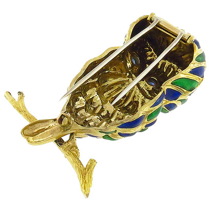 Estate 1960s Round Cut Sapphire & Diamond 18k Yellow Gold Enamel Owl Pin