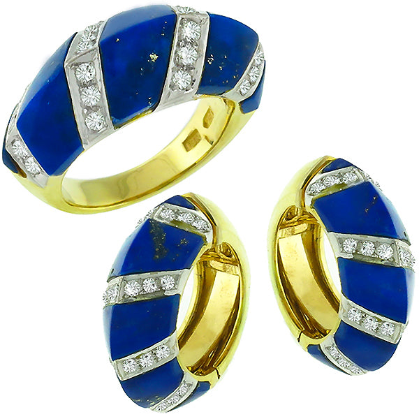 1970s Diamond  & Lapis 18k Yellow & White Gold Huggies Earrings & Ring Set