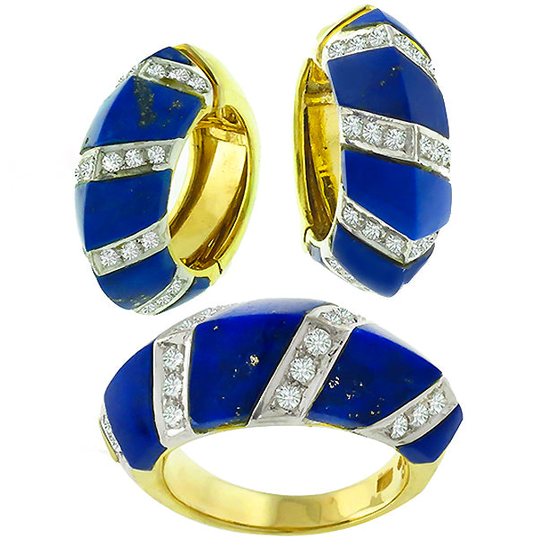1970s Diamond  & Lapis 18k Yellow & White Gold Huggies Earrings & Ring Set