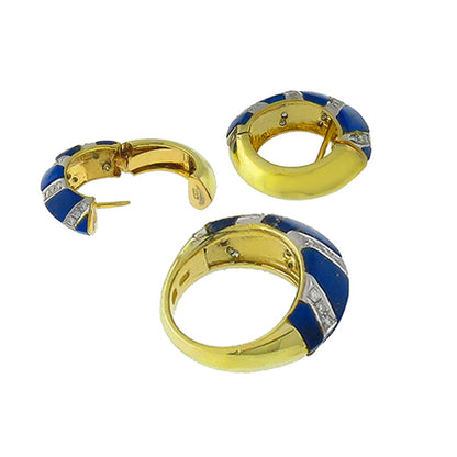 1970s Diamond  & Lapis 18k Yellow & White Gold Huggies Earrings & Ring Set