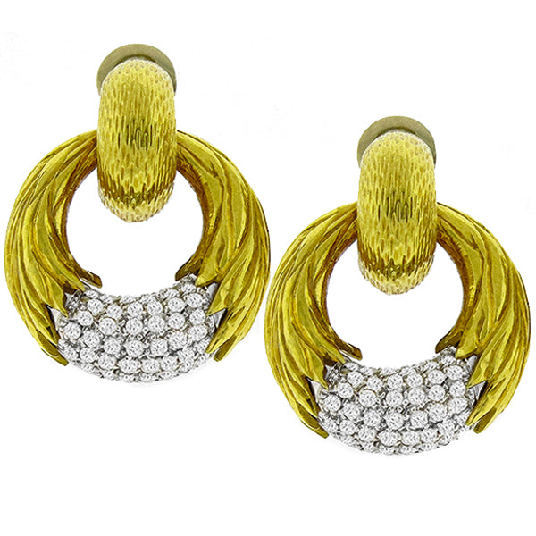 1970s 2.00ct Round Diamond 18k Yellow and White Gold Door Knocker Earrings