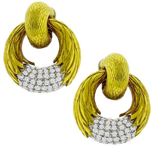 1970s 2.00ct Round Diamond 18k Yellow and White Gold Door Knocker Earrings