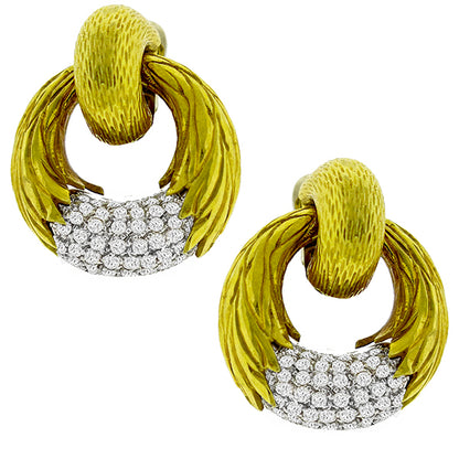1970s 2.00ct Round Diamond 18k Yellow and White Gold Door Knocker Earrings