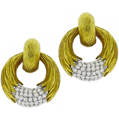 1970s 2.00ct Round Diamond 18k Yellow and White Gold Door Knocker Earrings