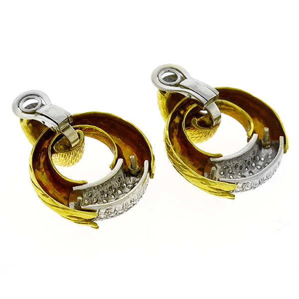 1970s 2.00ct Round Diamond 18k Yellow and White Gold Door Knocker Earrings