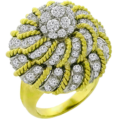 1970s 3.10ct Round Cut Diamond Cluster 18k Yellow & White Gold Bombé Ring