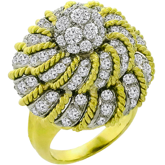 1970s 3.10ct Round Cut Diamond Cluster 18k Yellow & White Gold Bombé Ring