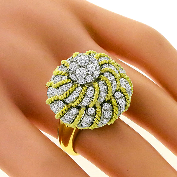 1970s 3.10ct Round Cut Diamond Cluster 18k Yellow & White Gold Bombé Ring