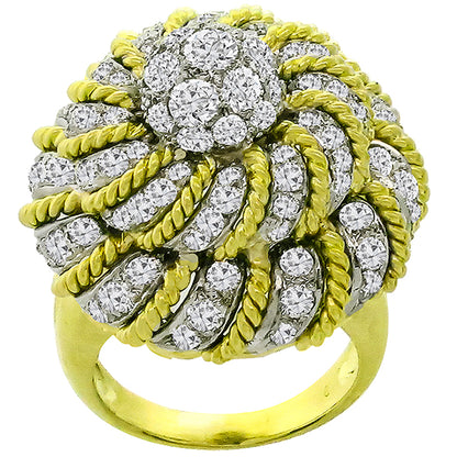 1970s 3.10ct Round Cut Diamond Cluster 18k Yellow & White Gold Bombé Ring
