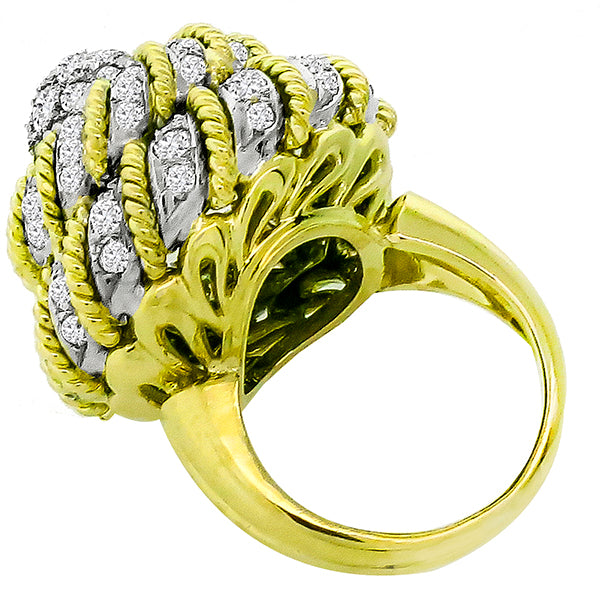 1970s 3.10ct Round Cut Diamond Cluster 18k Yellow & White Gold Bombé Ring