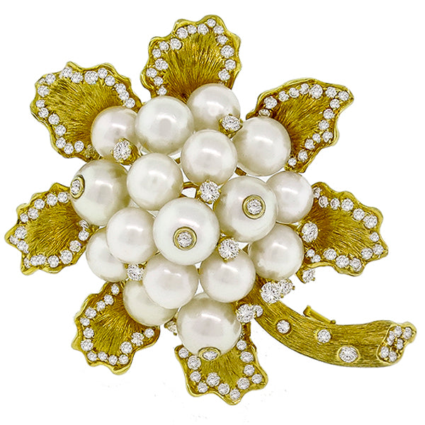 Estate 1980s 2.50ct Round Cut  Diamond 18k Yellow Gold Pearl Flower Pin