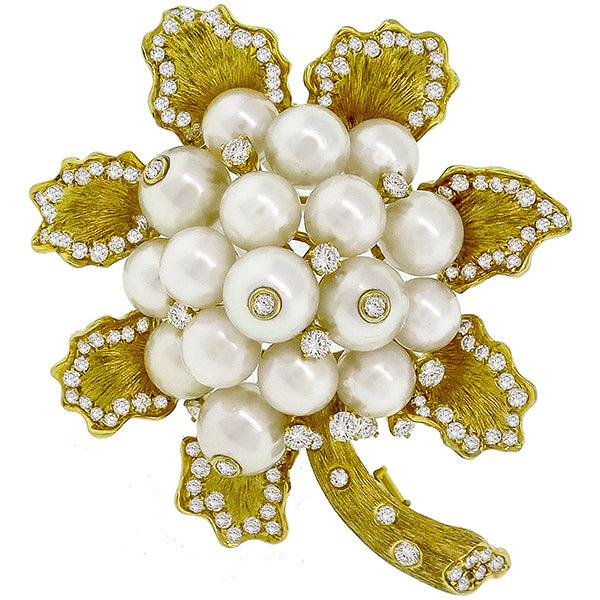 Estate 1980s 2.50ct Round Cut  Diamond 18k Yellow Gold Pearl Flower Pin