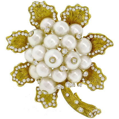 Estate 1980s 2.50ct Round Cut  Diamond 18k Yellow Gold Pearl Flower Pin