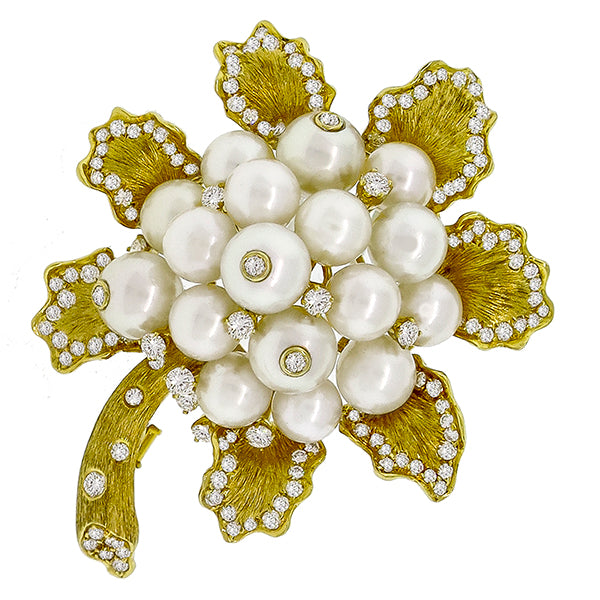 Estate 1980s 2.50ct Round Cut  Diamond 18k Yellow Gold Pearl Flower Pin