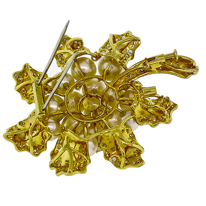 Estate 1980s 2.50ct Round Cut  Diamond 18k Yellow Gold Pearl Flower Pin