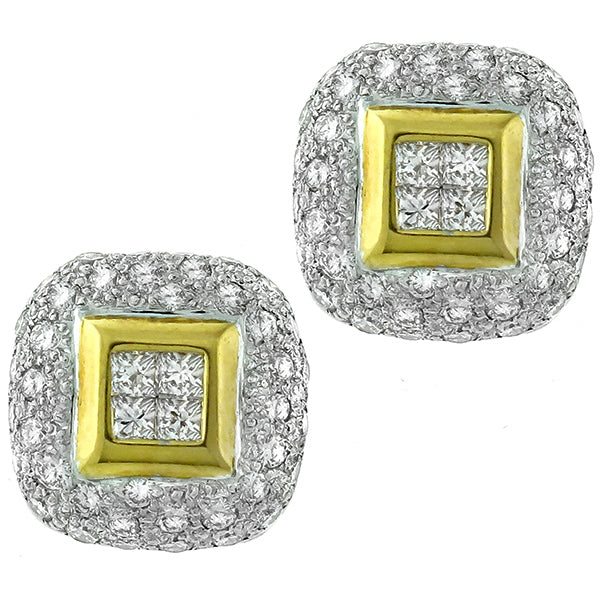 Estate 2.00ct Princess & Round Cut Diamond 18k White & Yellow Gold Earrings