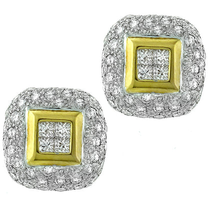 Estate 2.00ct Princess & Round Cut Diamond 18k White & Yellow Gold Earrings