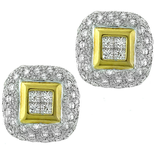 Estate 2.00ct Princess & Round Cut Diamond 18k White & Yellow Gold Earrings