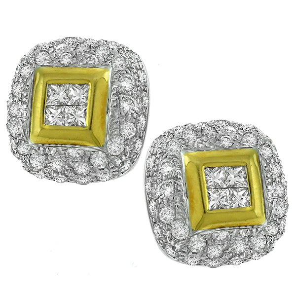 Estate 2.00ct Princess & Round Cut Diamond 18k White & Yellow Gold Earrings