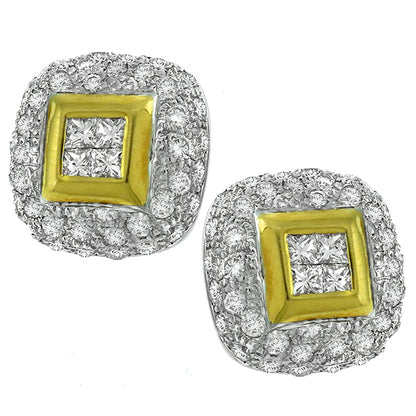 Estate 2.00ct Princess & Round Cut Diamond 18k White & Yellow Gold Earrings