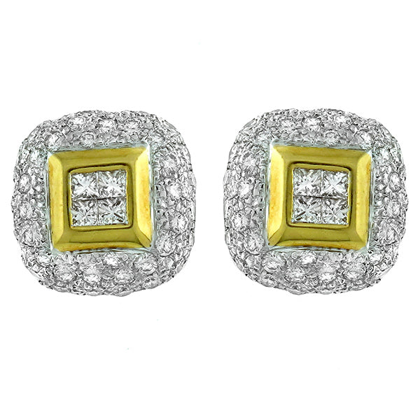 Estate 2.00ct Princess & Round Cut Diamond 18k White & Yellow Gold Earrings
