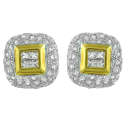 Estate 2.00ct Princess & Round Cut Diamond 18k White & Yellow Gold Earrings