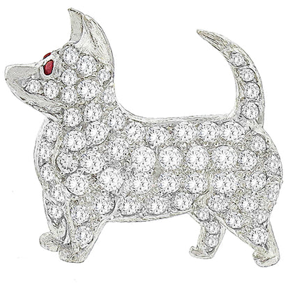 Estate 2.00ct Round Cut Diamond Ruby Platinum Chihuahua Dog Pin