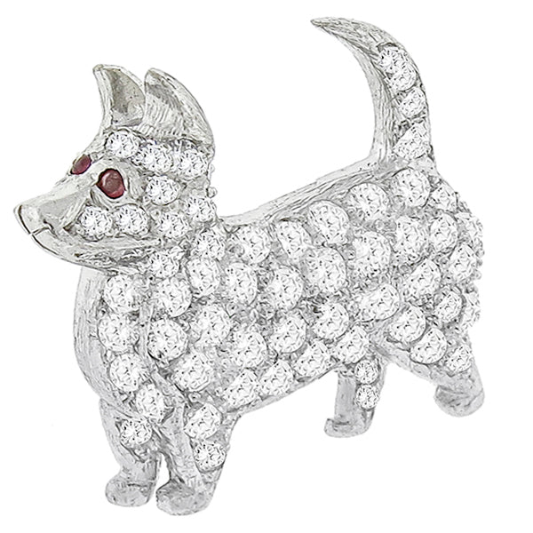 Estate 2.00ct Round Cut Diamond Ruby Platinum Chihuahua Dog Pin
