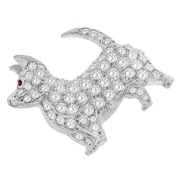 Estate 2.00ct Round Cut Diamond Ruby Platinum Chihuahua Dog Pin