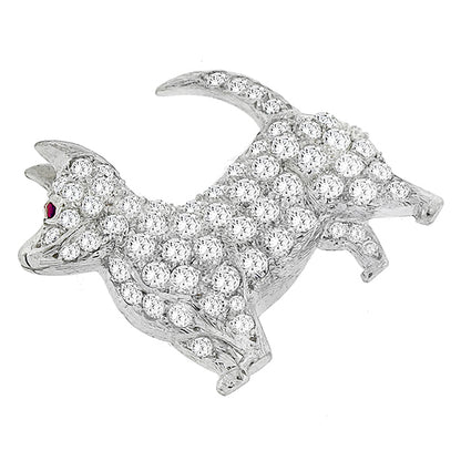 Estate 2.00ct Round Cut Diamond Ruby Platinum Chihuahua Dog Pin