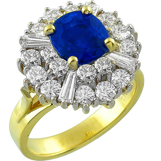 Estate 2.29ct Cushion Ceylon Sapphire and Baguette Diamond 18k Yellow Gold Ring