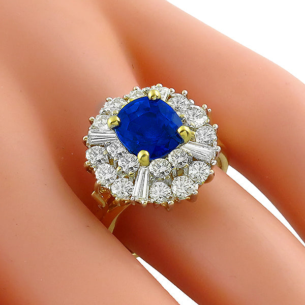 Estate 2.29ct Cushion Ceylon Sapphire and Baguette Diamond 18k Yellow Gold Ring