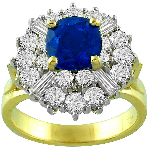 Estate 2.29ct Cushion Ceylon Sapphire and Baguette Diamond 18k Yellow Gold Ring