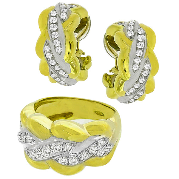 Estate 2.75ct Round Cut Diamond 18k Yellow & White Gold Ring and Earrings Set