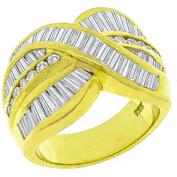Estate 2.80ct Baguette & Round Cut Diamond 18k Yellow  Gold Crossover Ring
