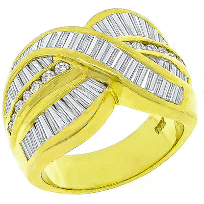 Estate 2.80ct Baguette & Round Cut Diamond 18k Yellow  Gold Crossover Ring