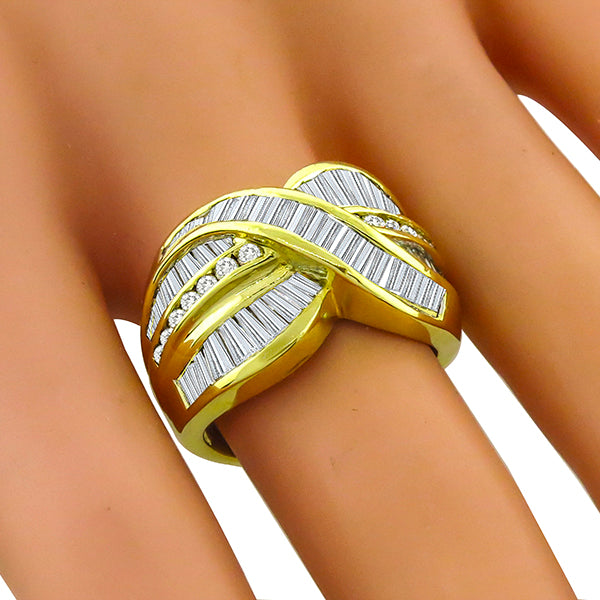 Estate 2.80ct Baguette & Round Cut Diamond 18k Yellow  Gold Crossover Ring