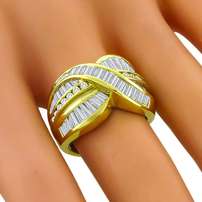Estate 2.80ct Baguette & Round Cut Diamond 18k Yellow  Gold Crossover Ring