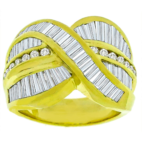 Estate 2.80ct Baguette & Round Cut Diamond 18k Yellow  Gold Crossover Ring