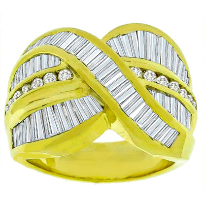 Estate 2.80ct Baguette & Round Cut Diamond 18k Yellow  Gold Crossover Ring