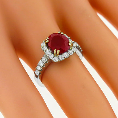 3.25ct Oval Cut Burma Ruby 1.20ct Round Cut Diamond 18k Gold White Ring