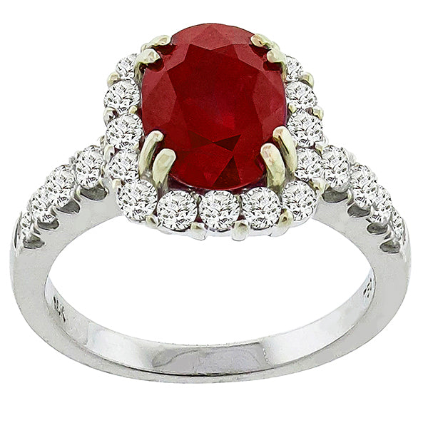 3.25ct Oval Cut Burma Ruby 1.20ct Round Cut Diamond 18k Gold White Ring